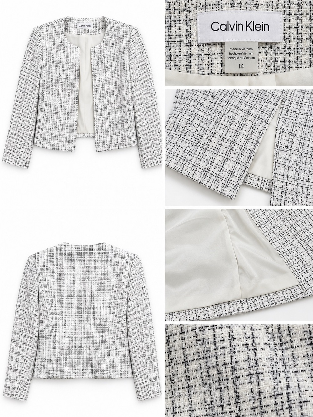 Calvin Klein White & Black Tweed Cropped Collarless Blazer